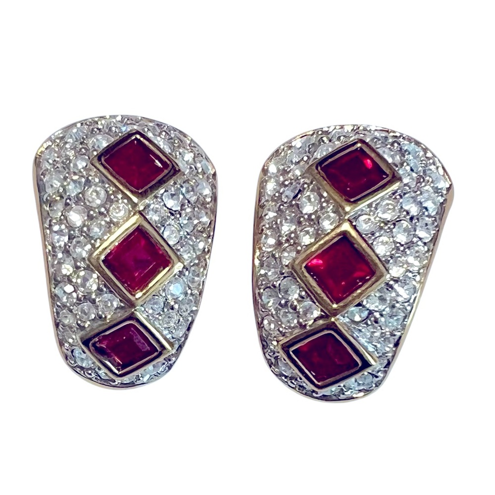 Stunning Vintage Swarovski Gold-plated Ruby & Crystal Pave Earrings Swan Logo